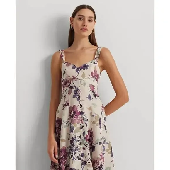 Lauren Ralph Lauren Floral Handkerchief-Hem Midi Dress Cream Multi Size 6 NWT